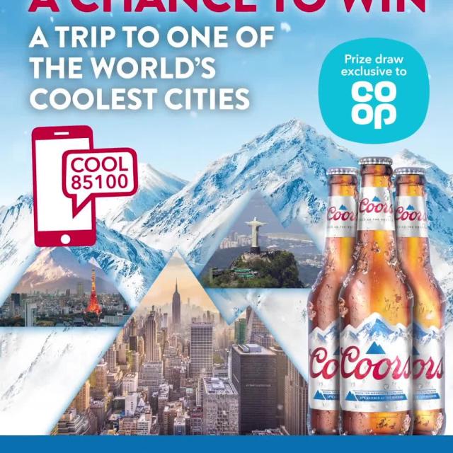 A chance to win a trip to one of the world's coolest cities with Coors. To enter, text COOL, leave a space then your full name and postcode to 85100! 😎🌇

Full T&Cs can be found here; https://www.coop.co.uk/terms/coors-text-to-win

#CoorsCoolCities #Coors